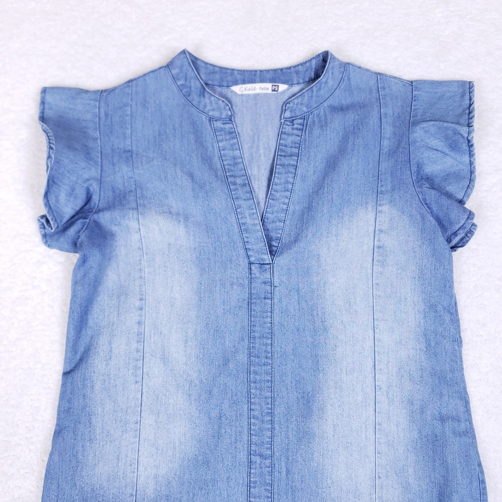 G. Kale Petite Chambray Ruffle Sleeve Drop‎ Waist Dress Size PS Blue Denim - Picture 2 of 7